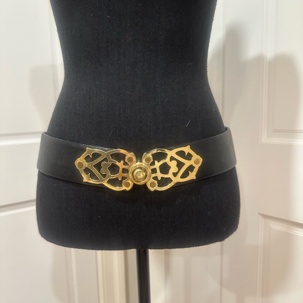 Barney’s New York Intricate Gold Buckle Black Belt.